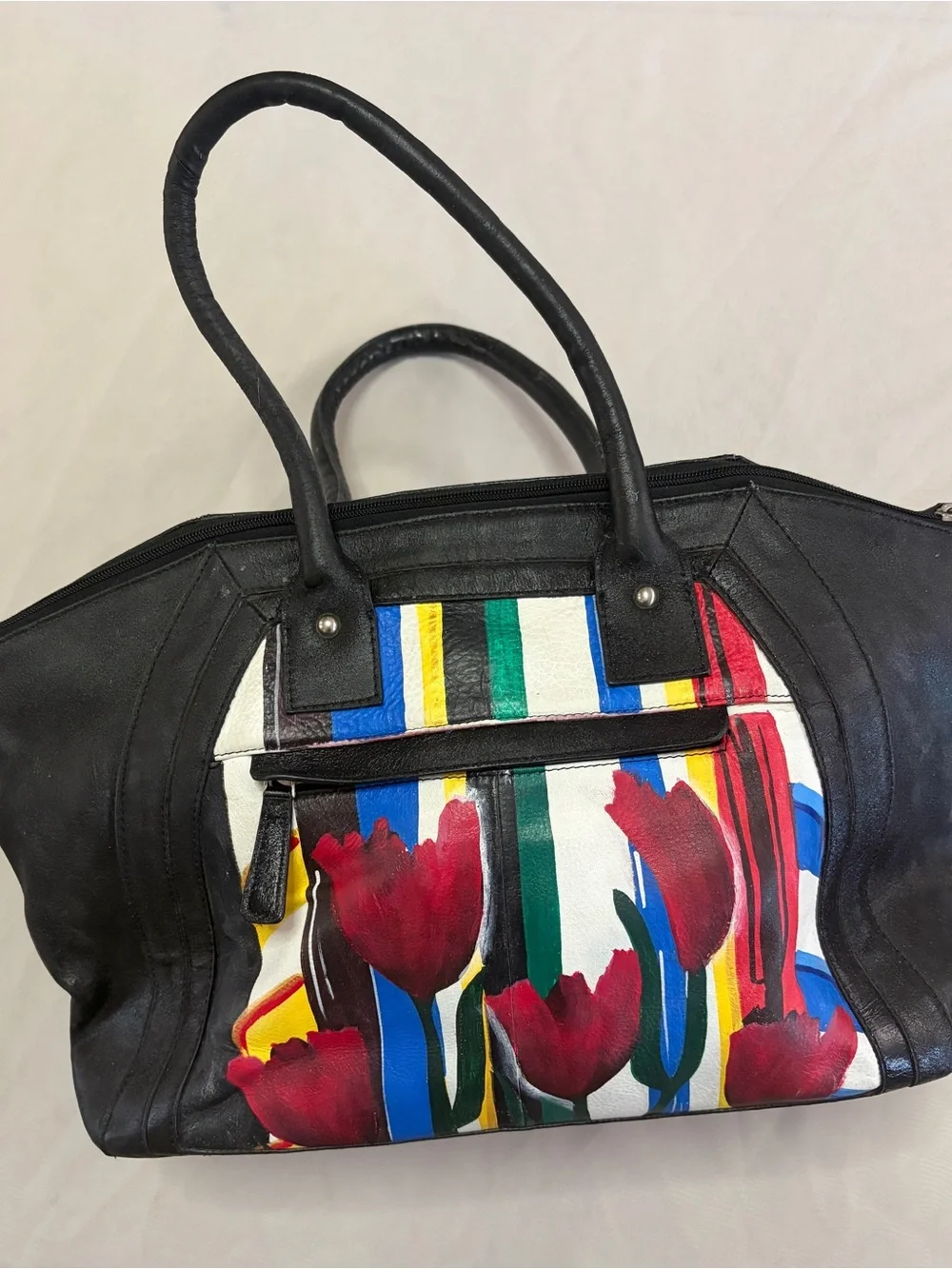 Sharif 1827 Hand Painted Leather Tulip Satchel Studded Edgy Wearable Art Bag